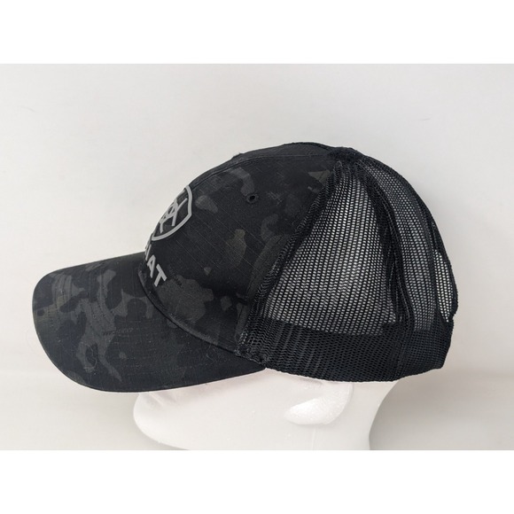 Ariat Camouflage Sanpback Camo Mesh Trucker Hat Baseball Cap Logo Black Gray VTG - Picture 2 of 8